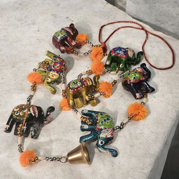 Elephant Wall Door Hanging 7 Trunk Up Paper Mache Elephants  Beads PomPoms Bell - Picture 1 of 16